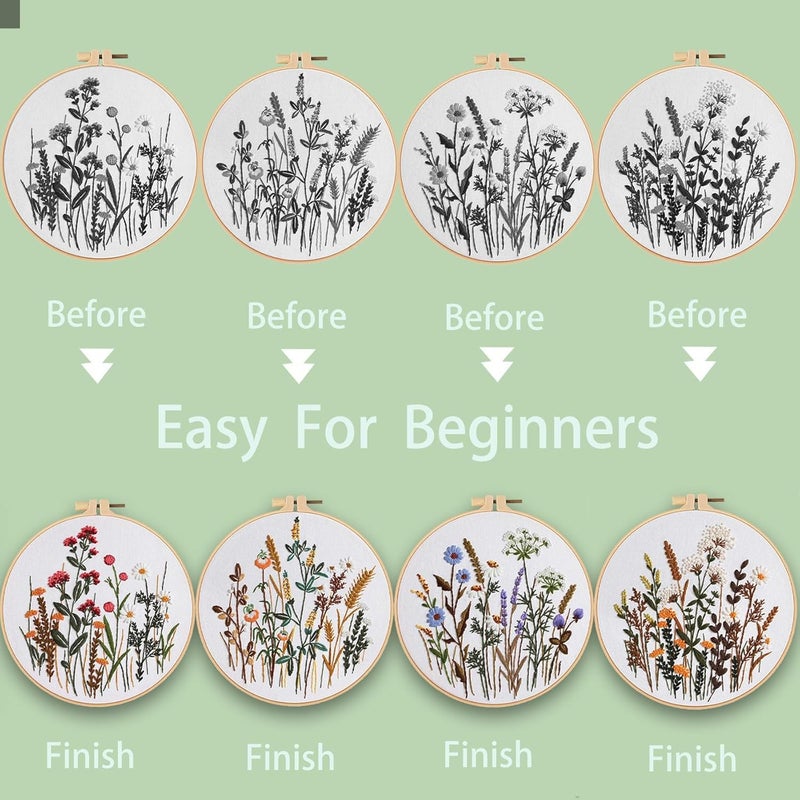 Ohcol 4 Sets Embroidery Kit for Beginners Cross Stitch Kits Needlepoint Kits Crafts for Adults with 2 Embroidery Hoops Easy-to-Follow Operating Instructions,Needle Point Kits with Flowers Patterns - Image 5